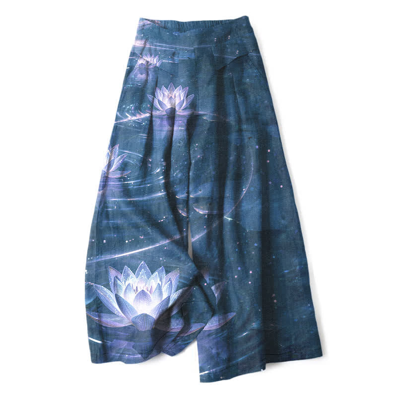 Buddha Stones Pantalones de mujer de algodón y lino con estampado Lotus Galaxy, cintura elástica y pernera ancha con bolsillos. - Azul oscuro - US16，UK/AU20，EU48 (3XL) - image 7