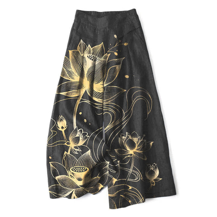 Buddha Stones Pantalones de mujer de lino y algodón con estampado de loto dorado, cintura elástica y pernera ancha con bolsillos. - Negro - US16，UK/AU20，EU48 (3XL) - image 0