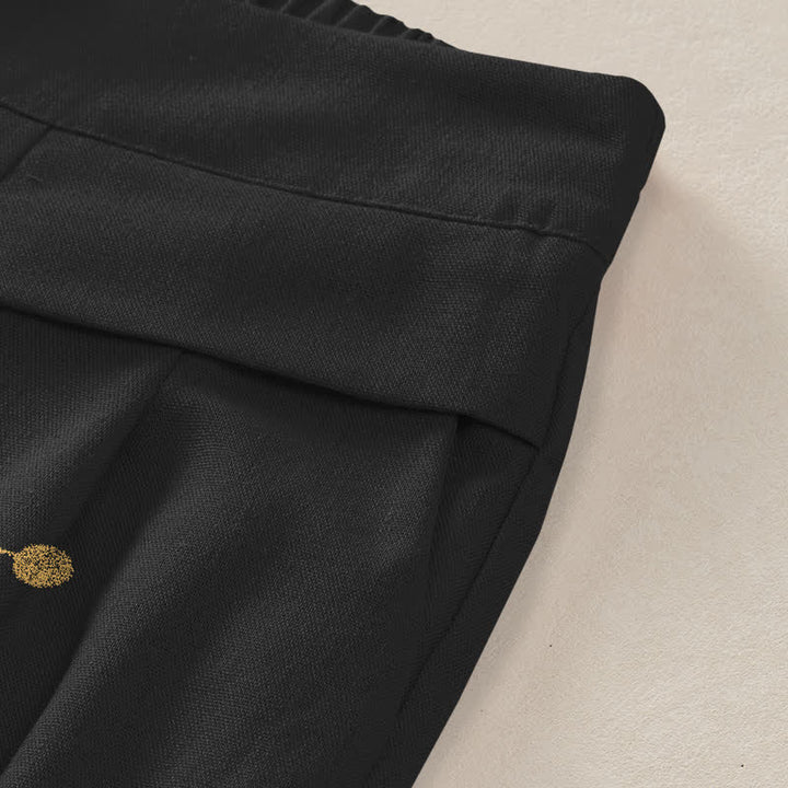 Buddha Stones Pantalones de mujer de lino y algodón con estampado de loto dorado, cintura elástica y pernera ancha con bolsillos. - image 3