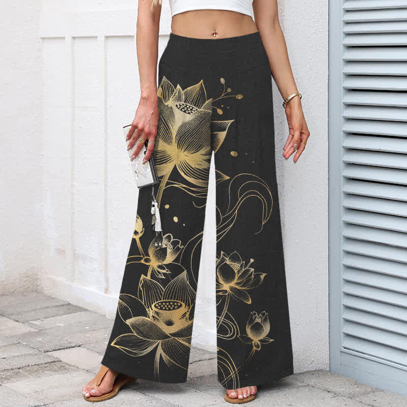 Buddha Stones Pantalones de mujer de lino y algodón con estampado de loto dorado, cintura elástica y pernera ancha con bolsillos. - image 1