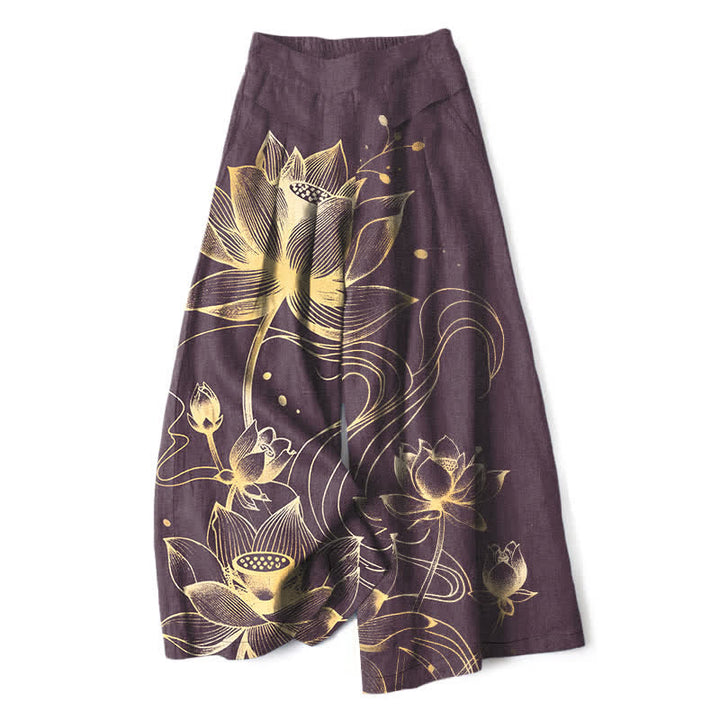 Buddha Stones Pantalones de mujer de lino y algodón con estampado de loto dorado, cintura elástica y pernera ancha con bolsillos. - Púrpura - US16，UK/AU20，EU48 (3XL) - image 5