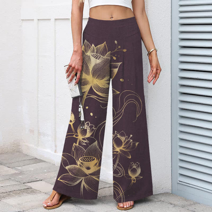 Buddha Stones Pantalones de mujer de lino y algodón con estampado de loto dorado, cintura elástica y pernera ancha con bolsillos. - image 6