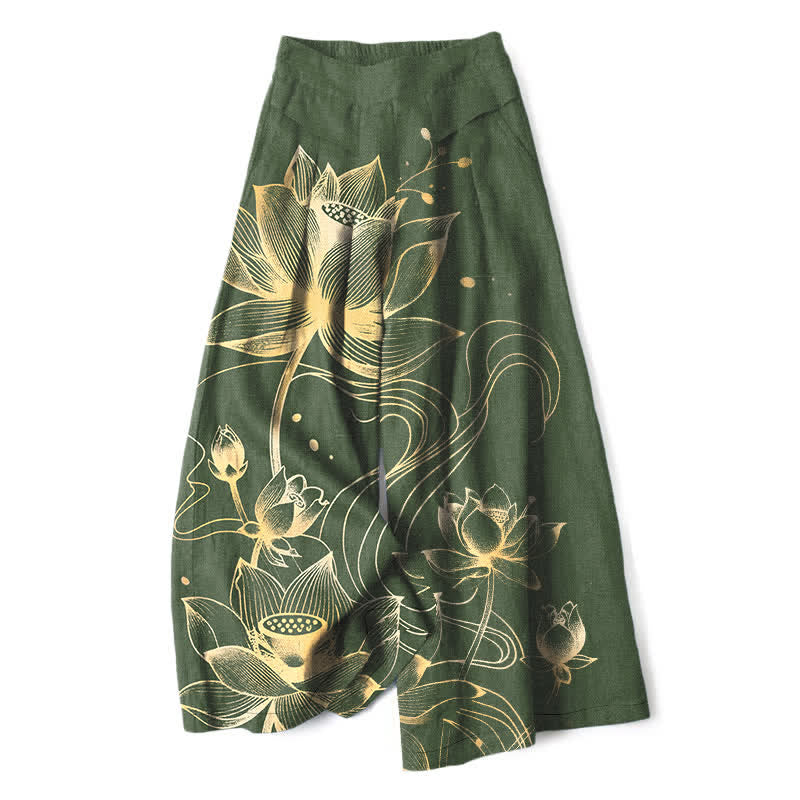 Buddha Stones Pantalones de mujer de lino y algodón con estampado de loto dorado, cintura elástica y pernera ancha con bolsillos. - Verde oliva oscuro - US16，UK/AU20，EU48 (3XL) - image 7