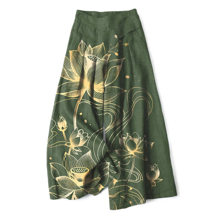Buddha Stones Pantalones de mujer de lino y algodón con estampado de loto dorado, cintura elástica y pernera ancha con bolsillos. - Verde oliva oscuro - US16，UK/AU20，EU48 (3XL) - image 7