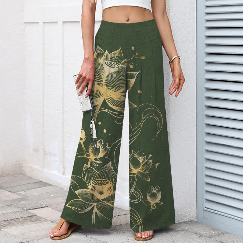 Buddha Stones Pantalones de mujer de lino y algodón con estampado de loto dorado, cintura elástica y pernera ancha con bolsillos. - image 8