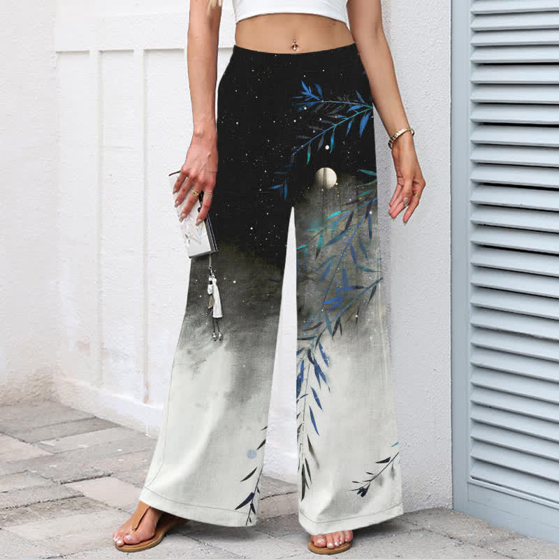 Buddha Stones Pantalones de mujer de algodón y lino con estampado de bambú a la luz de la luna, cintura elástica, pernera ancha y bolsillos. - image 1