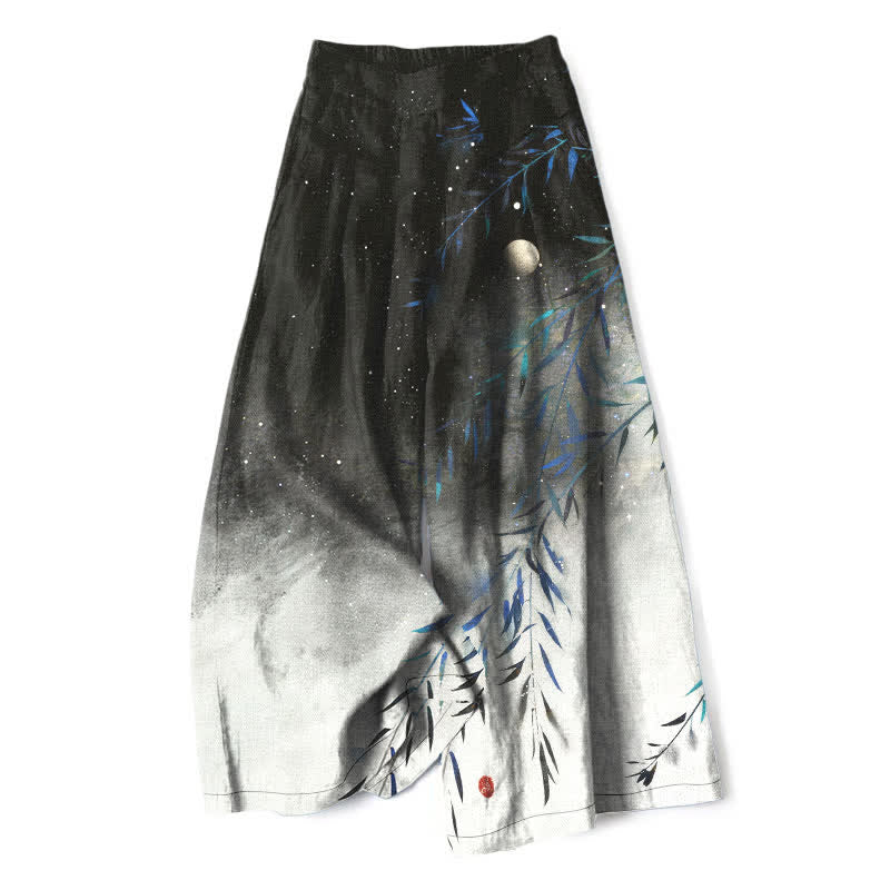 Buddha Stones Pantalones de mujer de algodón y lino con estampado de bambú a la luz de la luna, cintura elástica, pernera ancha y bolsillos. - Negro - US16，UK/AU20，EU48 (3XL) - image 0
