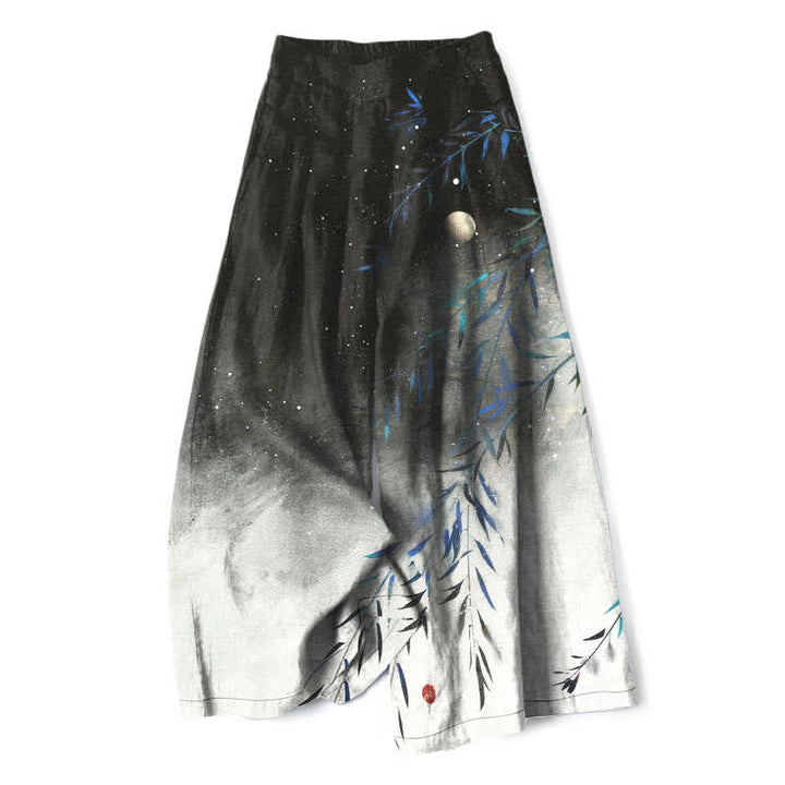 Buddha Stones Pantalones de mujer de algodón y lino con estampado de bambú a la luz de la luna, cintura elástica, pernera ancha y bolsillos. - Negro - US16，UK/AU20，EU48 (3XL) - image 0