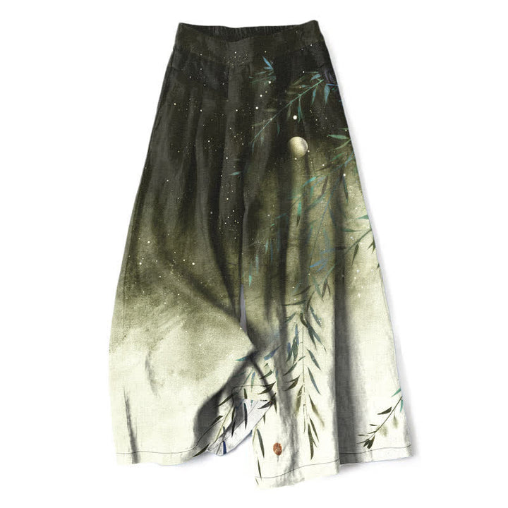 Buddha Stones Pantalones de mujer de algodón y lino con estampado de bambú a la luz de la luna, cintura elástica, pernera ancha y bolsillos. - Verde oliva oscuro - US16，UK/AU20，EU48 (3XL) - image 5