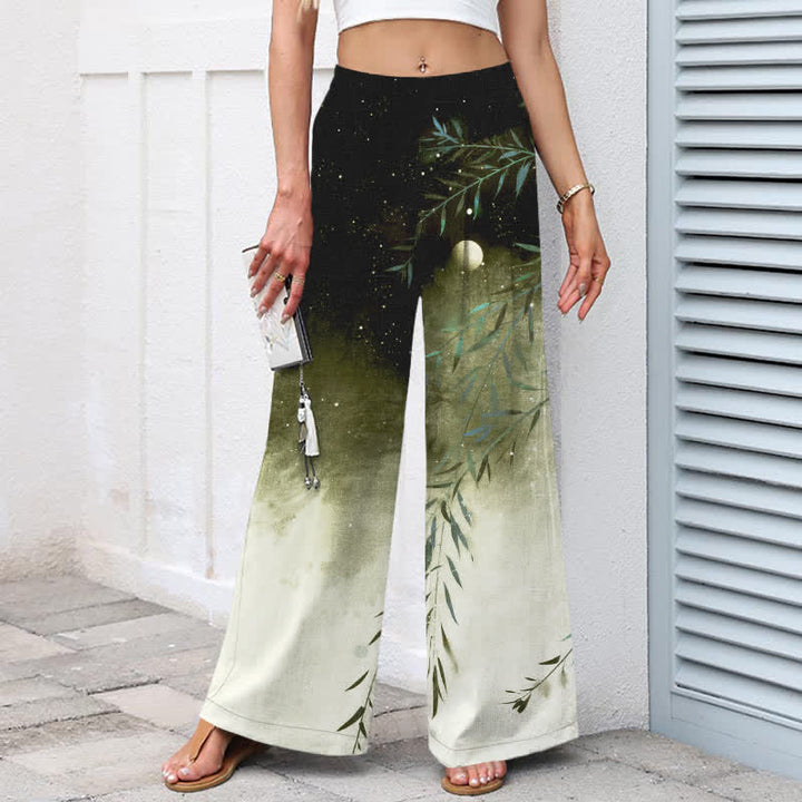 Buddha Stones Pantalones de mujer de algodón y lino con estampado de bambú a la luz de la luna, cintura elástica, pernera ancha y bolsillos. - image 6