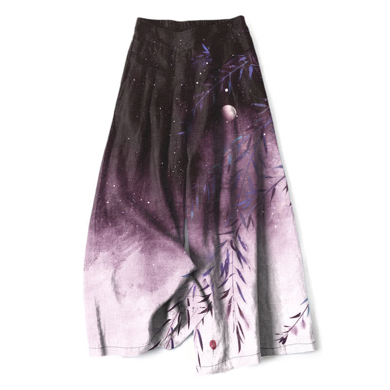 Buddha Stones Pantalones de mujer de algodón y lino con estampado de bambú a la luz de la luna, cintura elástica, pernera ancha y bolsillos. - Violeta oscuro - US16，UK/AU20，EU48 (3XL) - image 7