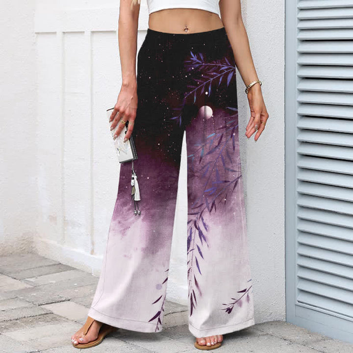Buddha Stones Pantalones de mujer de algodón y lino con estampado de bambú a la luz de la luna, cintura elástica, pernera ancha y bolsillos. - image 8