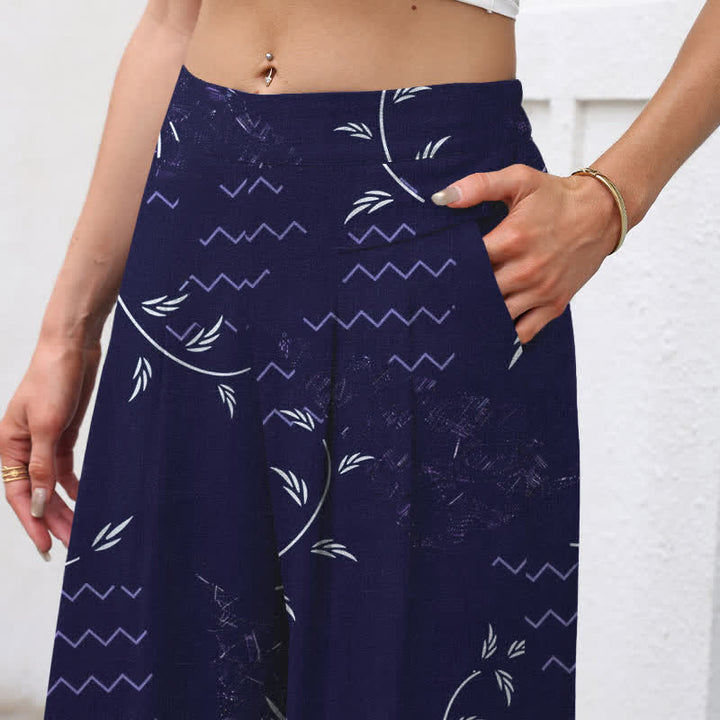 Buddha Stones Pantalones de mujer de algodón y lino con estampado botánico de ondas, cintura elástica y pernera ancha con bolsillos. - image 2