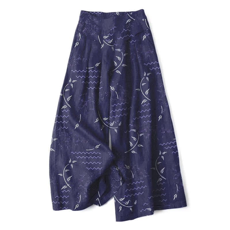 Buddha Stones Pantalones de mujer de algodón y lino con estampado botánico de ondas, cintura elástica y pernera ancha con bolsillos. - Marina de guerra - US16，UK/AU20，EU48 (3XL) - image 0