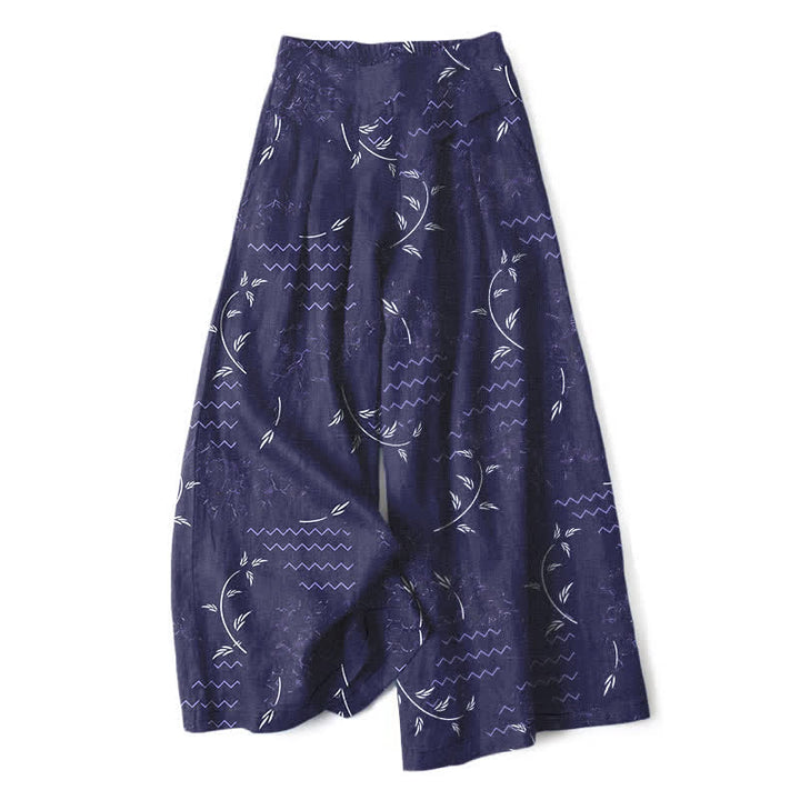 Buddha Stones Pantalones de mujer de algodón y lino con estampado botánico de ondas, cintura elástica y pernera ancha con bolsillos. - Marina de guerra - US16，UK/AU20，EU48 (3XL) - image 0