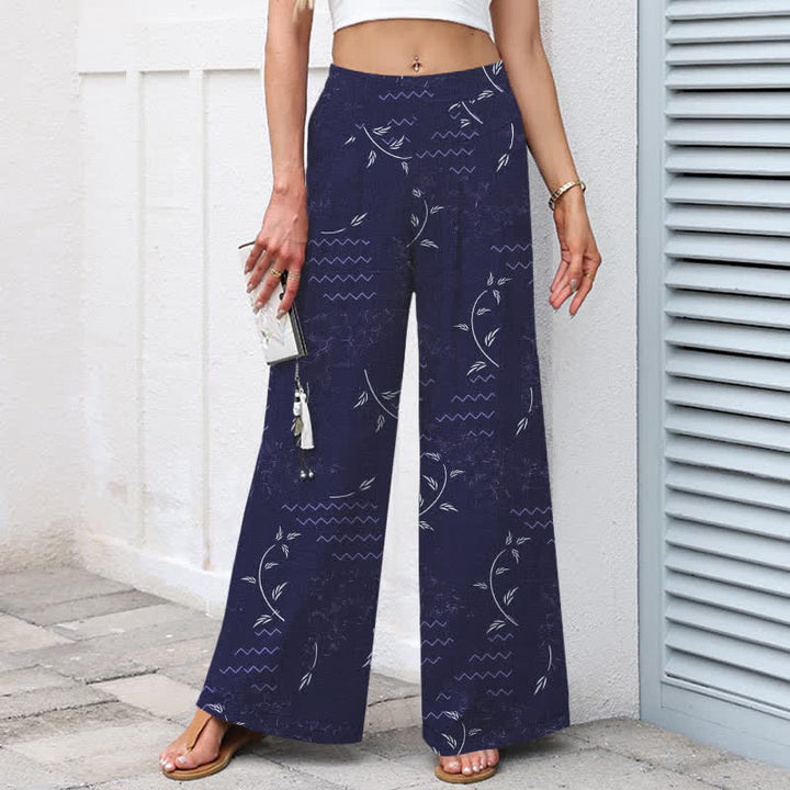 Buddha Stones Pantalones de mujer de algodón y lino con estampado botánico de ondas, cintura elástica y pernera ancha con bolsillos. - image 1