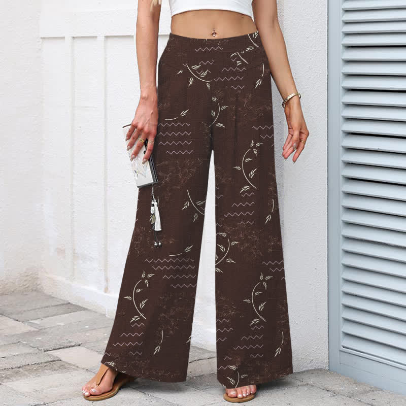 Buddha Stones Pantalones de mujer de algodón y lino con estampado botánico de ondas, cintura elástica y pernera ancha con bolsillos. - image 6