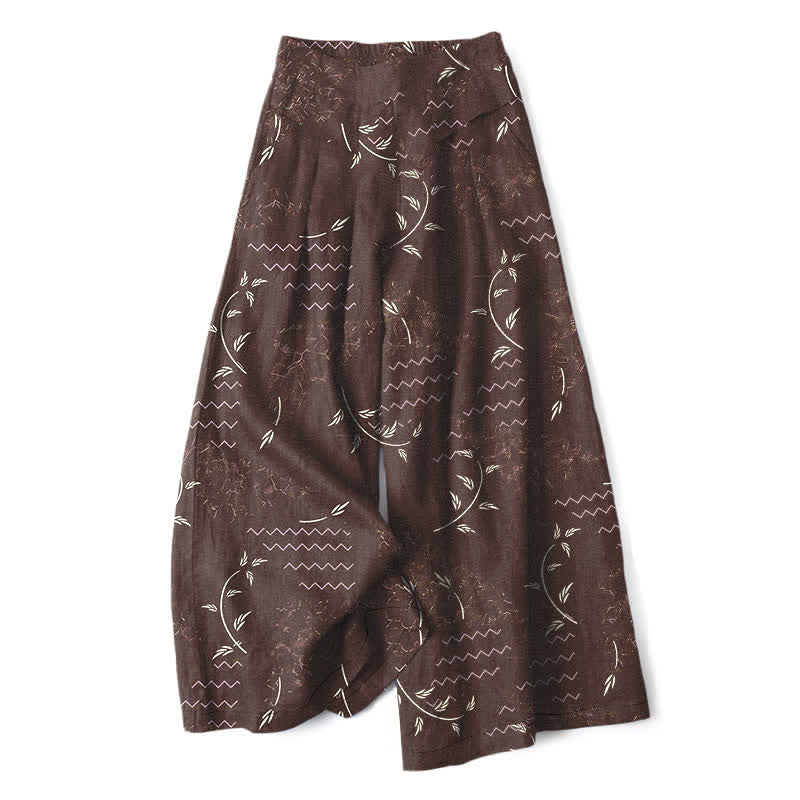 Buddha Stones Pantalones de mujer de algodón y lino con estampado botánico de ondas, cintura elástica y pernera ancha con bolsillos. - Marrón silla de montar - US16，UK/AU20，EU48 (3XL) - image 5