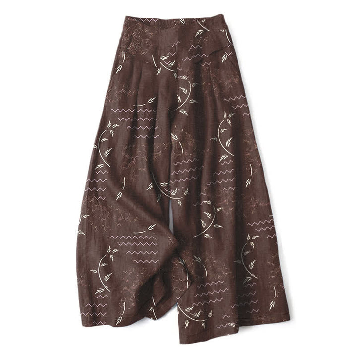 Buddha Stones Pantalones de mujer de algodón y lino con estampado botánico de ondas, cintura elástica y pernera ancha con bolsillos. - Marrón silla de montar - US16，UK/AU20，EU48 (3XL) - image 5