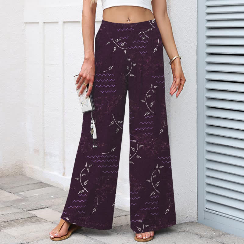 Buddha Stones Pantalones de mujer de algodón y lino con estampado botánico de ondas, cintura elástica y pernera ancha con bolsillos. - image 8