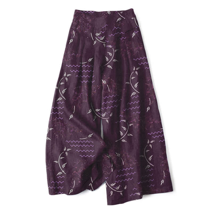 Buddha Stones Pantalones de mujer de algodón y lino con estampado botánico de ondas, cintura elástica y pernera ancha con bolsillos. - Púrpura - US16，UK/AU20，EU48 (3XL) - image 7