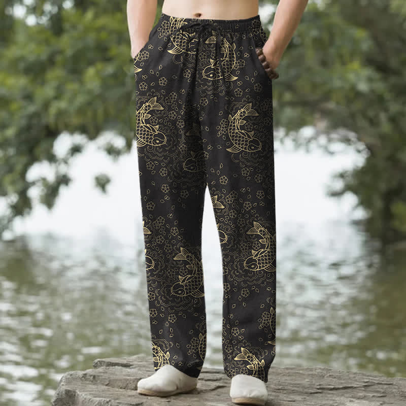 Buddha Stones Pantalones de hombre de algodón con estampado floral de peces koi dorados y corte ajustado, con bolsillos. - Negro - US/UK/AU50, EU60 (5XL) - image 0