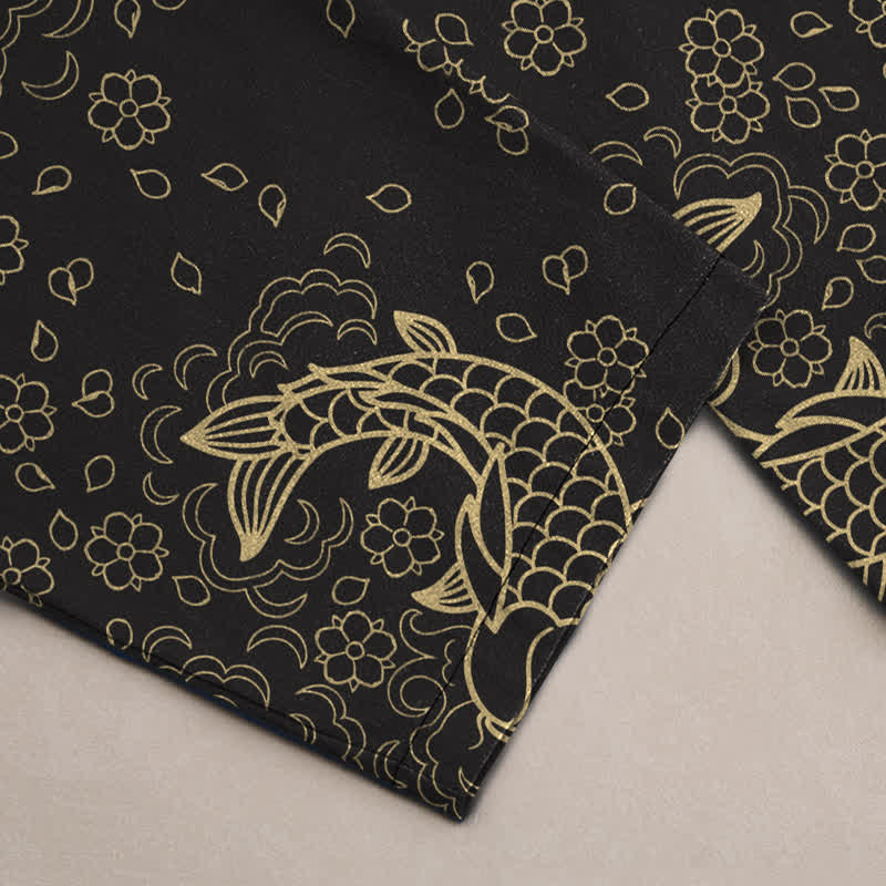 Buddha Stones Pantalones de hombre de algodón con estampado floral de peces koi dorados y corte ajustado, con bolsillos. - image 3