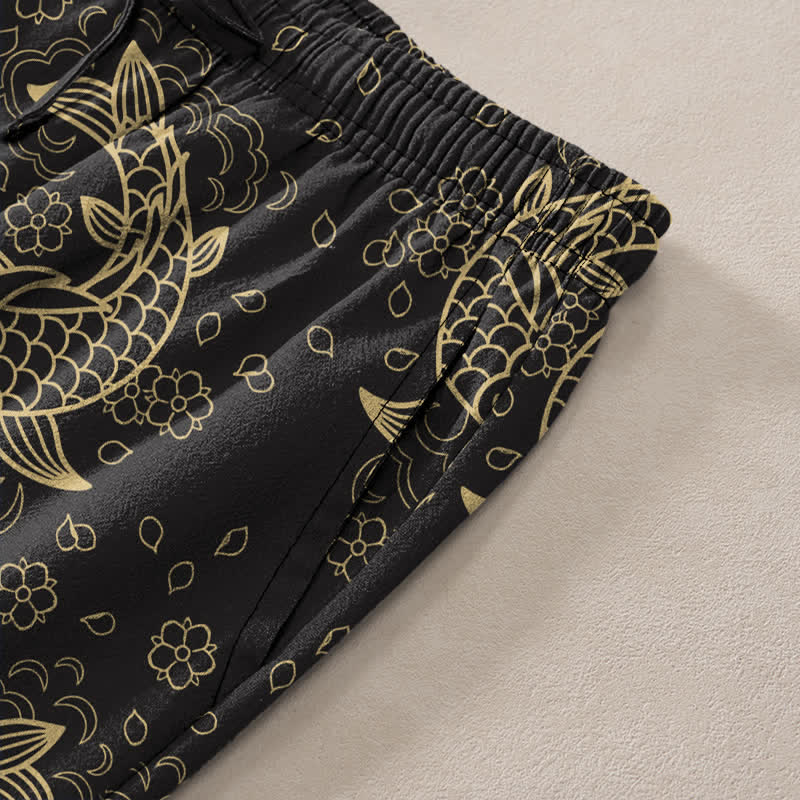 Buddha Stones Pantalones de hombre de algodón con estampado floral de peces koi dorados y corte ajustado, con bolsillos. - image 2