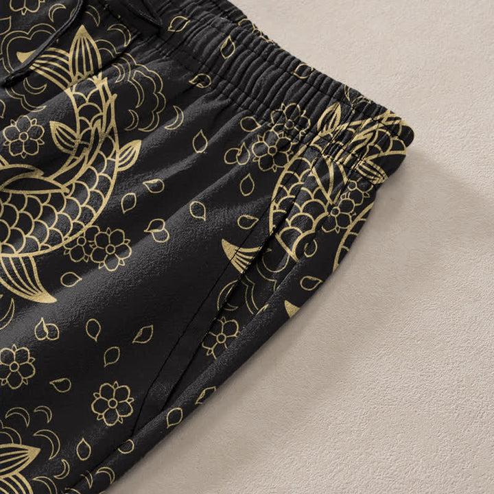 Buddha Stones Pantalones de hombre de algodón con estampado floral de peces koi dorados y corte ajustado, con bolsillos. - image 2