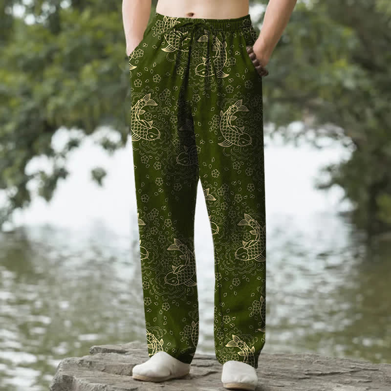 Buddha Stones Pantalones de hombre de algodón con estampado floral de peces koi dorados y corte ajustado, con bolsillos. - Verde oliva - US/UK/AU50, EU60 (5XL) - image 4