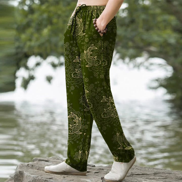 Buddha Stones Pantalones de hombre de algodón con estampado floral de peces koi dorados y corte ajustado, con bolsillos. - image 5