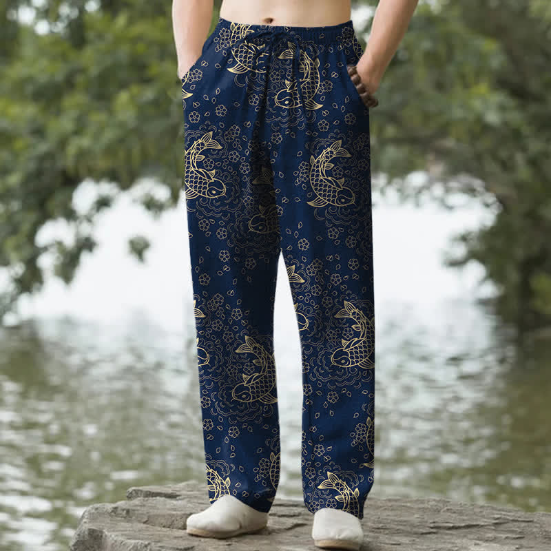 Buddha Stones Pantalones de hombre de algodón con estampado floral de peces koi dorados y corte ajustado, con bolsillos. - Marina de guerra - US/UK/AU50, EU60 (5XL) - image 6