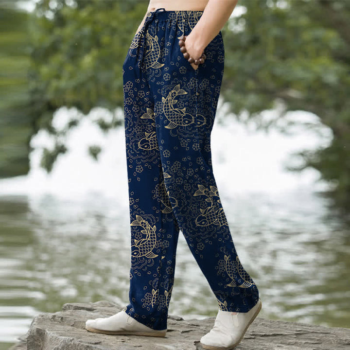 Buddha Stones Pantalones de hombre de algodón con estampado floral de peces koi dorados y corte ajustado, con bolsillos. - image 7