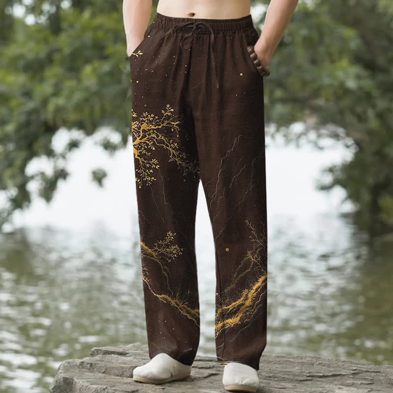 Buddha Stones Pantalones de hombre de algodón con estampado de ramas, corte cónico y bolsillos. - Marrón silla de montar - US/UK/AU50, EU60 (5XL) - image 0