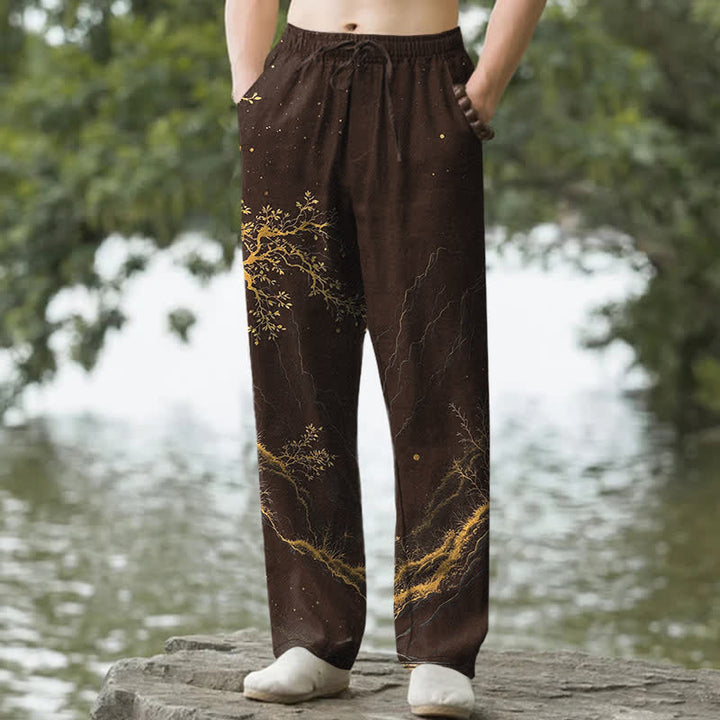 Buddha Stones Pantalones de hombre de algodón con estampado de ramas, corte cónico y bolsillos. - Marrón silla de montar - US/UK/AU50, EU60 (5XL) - image 0