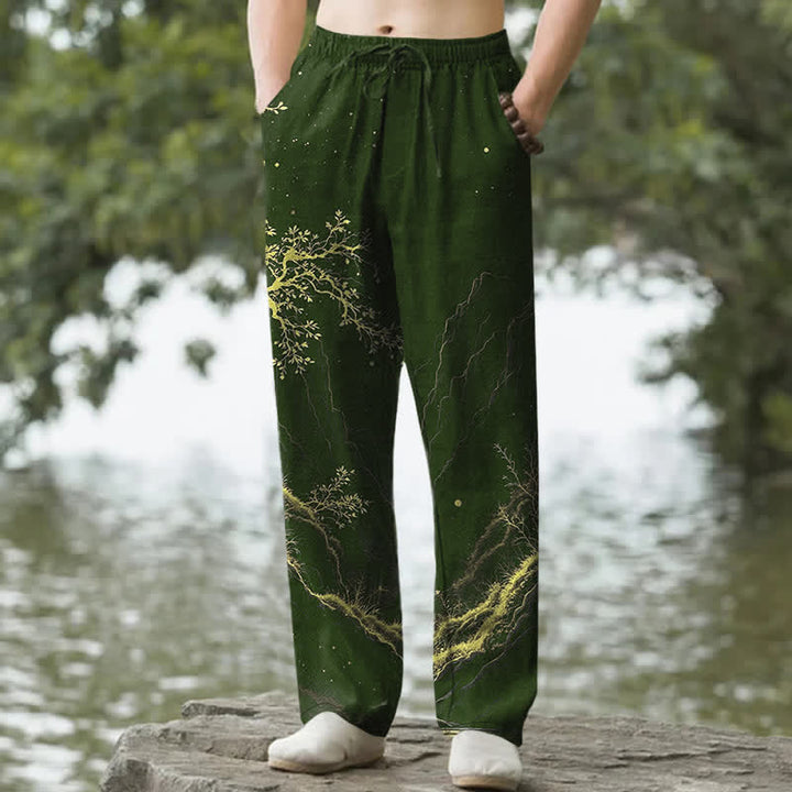 Buddha Stones Pantalones de hombre de algodón con estampado de ramas, corte cónico y bolsillos. - Verde bosque - US/UK/AU50, EU60 (5XL) - image 6