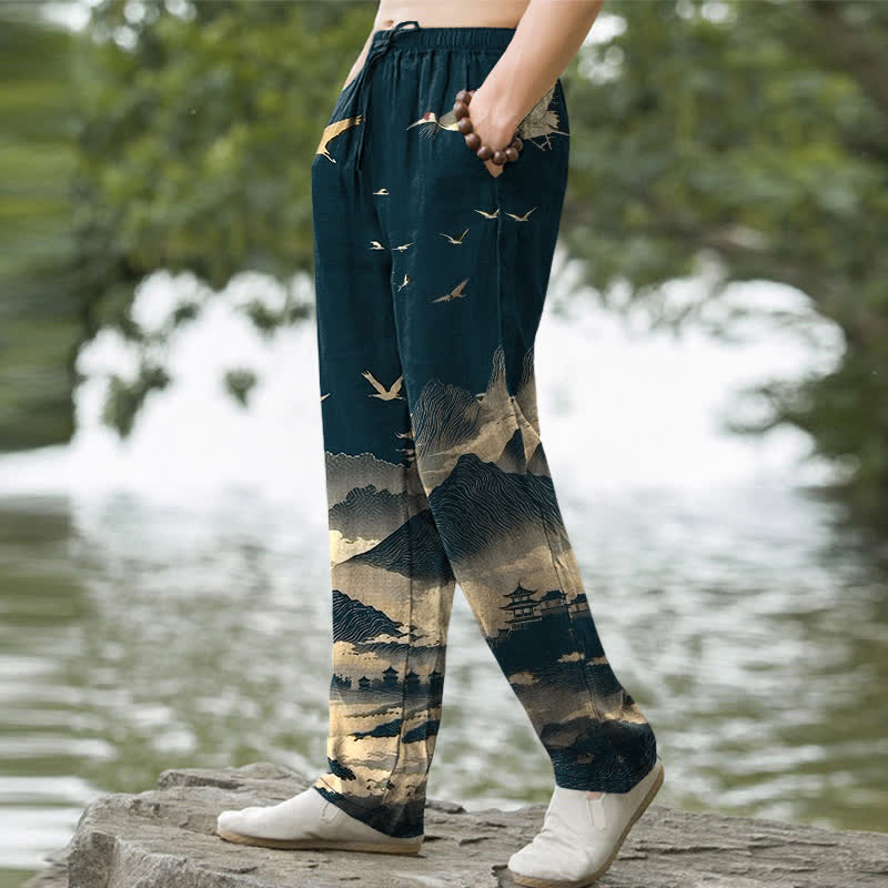 Buddha Stones Pantalones de hombre Cotton Mountain Temple con estampado de pájaros y corte ajustado, con bolsillos. - image 1