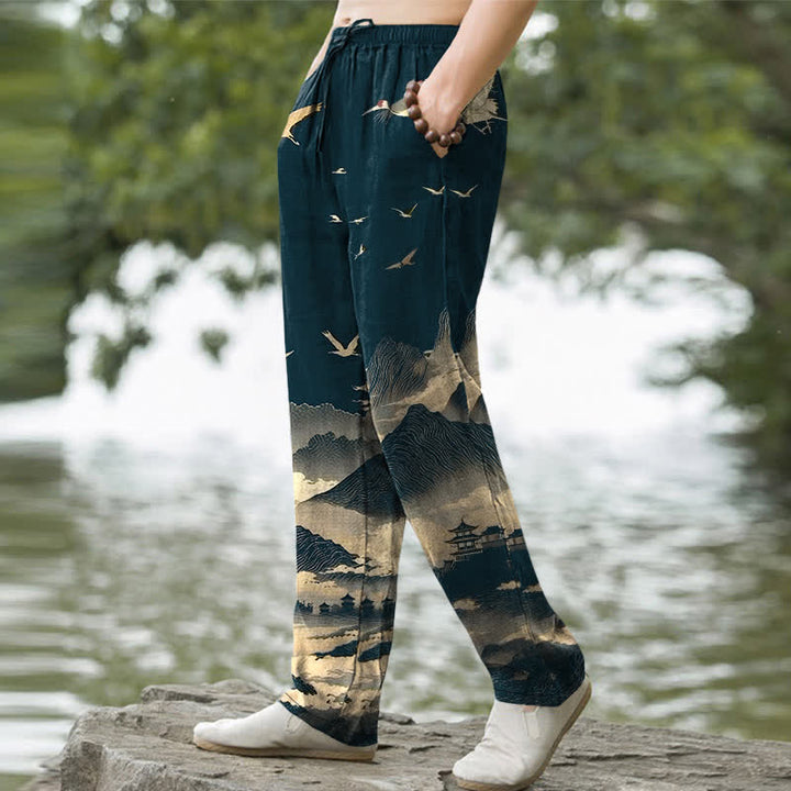 Buddha Stones Pantalones de hombre Cotton Mountain Temple con estampado de pájaros y corte ajustado, con bolsillos. - image 1