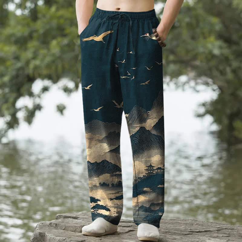 Buddha Stones Pantalones de hombre Cotton Mountain Temple con estampado de pájaros y corte ajustado, con bolsillos. - Verde azulado - US/UK/AU50, EU60 (5XL) - image 0