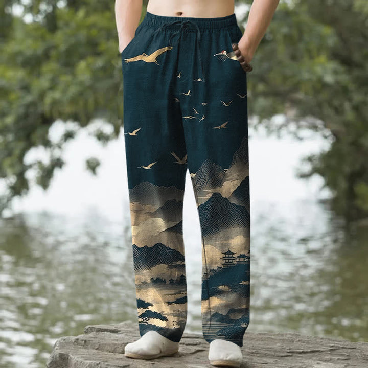 Buddha Stones Pantalones de hombre Cotton Mountain Temple con estampado de pájaros y corte ajustado, con bolsillos. - Verde azulado - US/UK/AU50, EU60 (5XL) - image 0