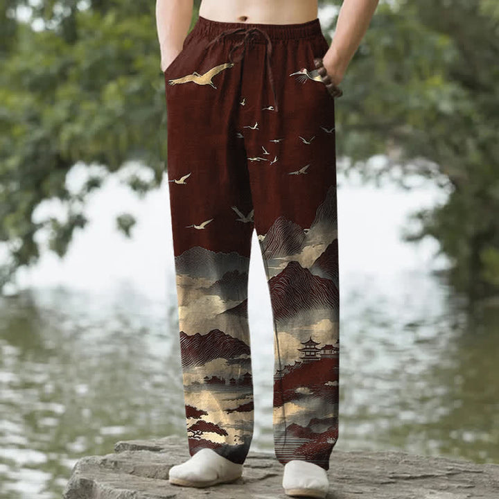 Buddha Stones Pantalones de hombre Cotton Mountain Temple con estampado de pájaros y corte ajustado, con bolsillos. - Granate - US/UK/AU50, EU60 (5XL) - image 4