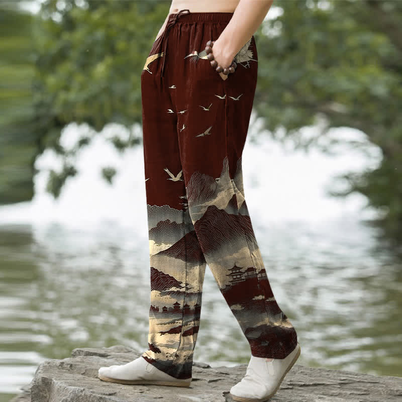 Buddha Stones Pantalones de hombre Cotton Mountain Temple con estampado de pájaros y corte ajustado, con bolsillos. - image 5