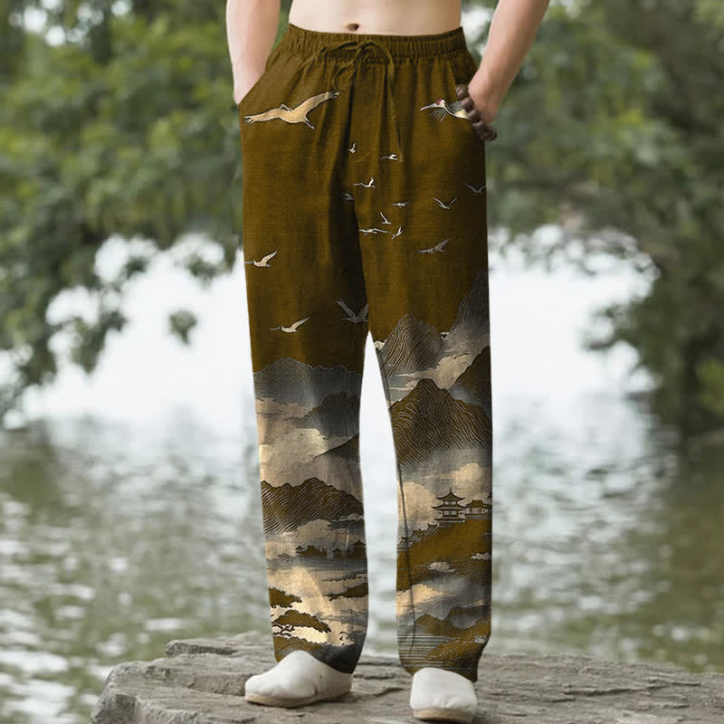 Buddha Stones Pantalones de hombre Cotton Mountain Temple con estampado de pájaros y corte ajustado, con bolsillos. - Vara de oro oscura - US/UK/AU50, EU60 (5XL) - image 6