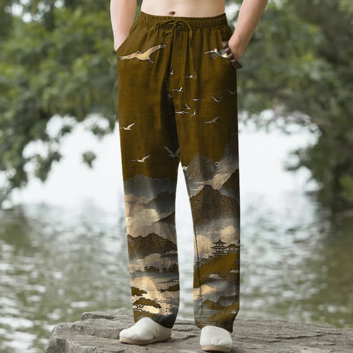 Buddha Stones Pantalones de hombre Cotton Mountain Temple con estampado de pájaros y corte ajustado, con bolsillos. - Vara de oro oscura - US/UK/AU50, EU60 (5XL) - image 6