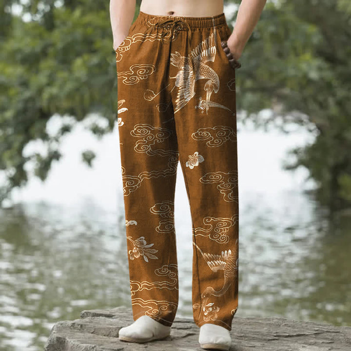 Buddha Stones Pantalones de hombre de algodón con estampado floral de grullas y nubes, corte cónico y bolsillos. - Tierra de siena - US/UK/AU50, EU60 (5XL) - image 0
