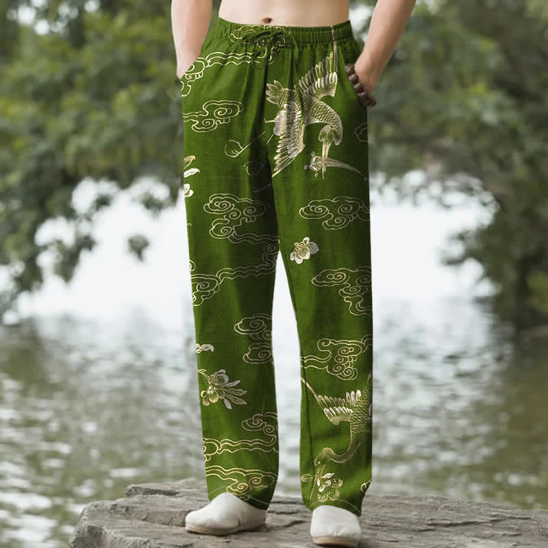 Buddha Stones Pantalones de hombre de algodón con estampado floral de grullas y nubes, corte cónico y bolsillos. - Verde oliva - US/UK/AU50, EU60 (5XL) - image 4