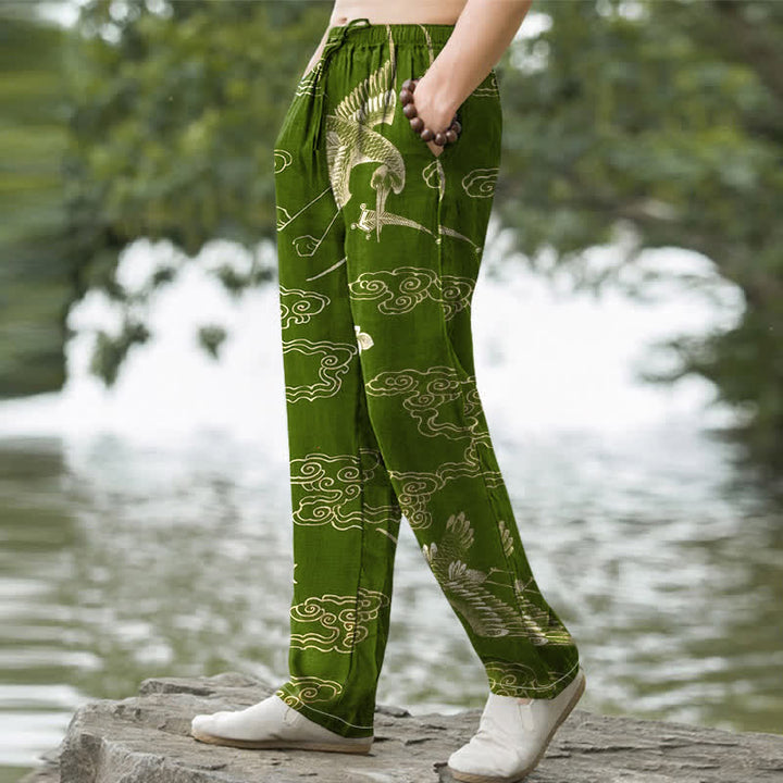 Buddha Stones Pantalones de hombre de algodón con estampado floral de grullas y nubes, corte cónico y bolsillos. - image 5