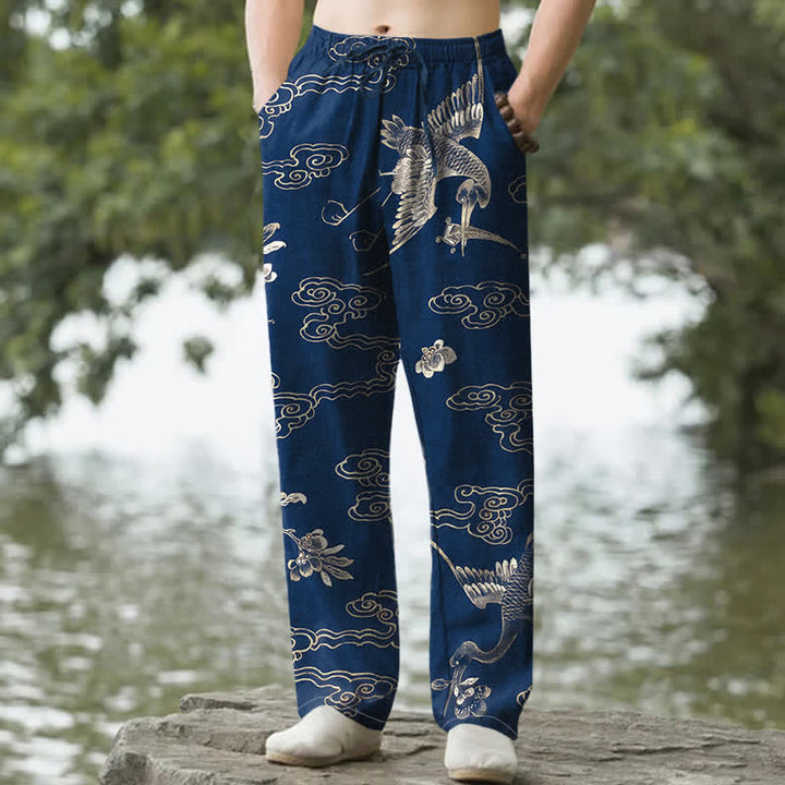 Buddha Stones Pantalones de hombre de algodón con estampado floral de grullas y nubes, corte cónico y bolsillos. - Marina de guerra - US/UK/AU50, EU60 (5XL) - image 6