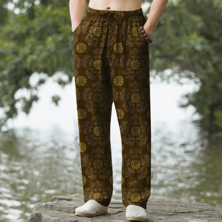 Buddha Stones Pantalones de hombre de algodón con estampado floral y diseño redondo de la suerte, con bolsillos. - Marrón silla de montar - US/UK/AU50, EU60 (5XL) - image 0