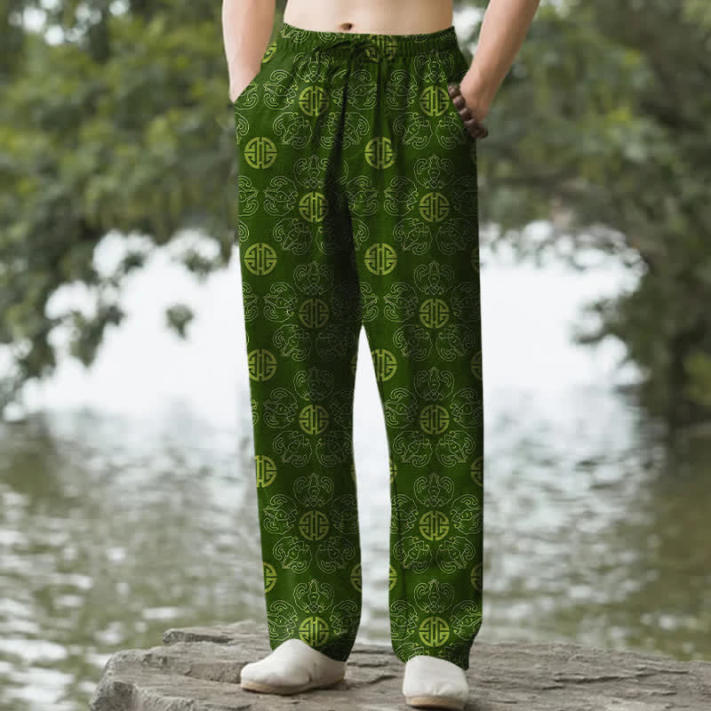 Buddha Stones Pantalones de hombre de algodón con estampado floral y diseño redondo de la suerte, con bolsillos. - Verde bosque - US/UK/AU50, EU60 (5XL) - image 4